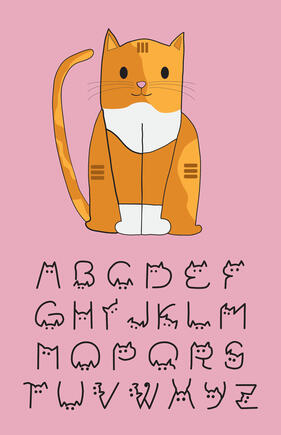 A poster with a cat illustration at the top and an alphabet formed with cats.