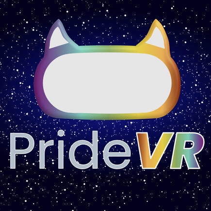Image of a VR headset with cat ears made with rainbow colors and the company name PrideVR.